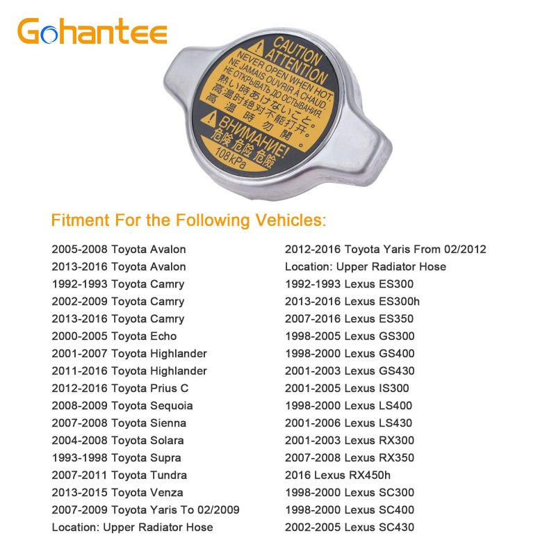 gohantee Radiator Cap Sub-Assembly Replace 16401-31520 replacement for Toyota Avalon Camry Echo Highlander Prius C Sequoia Sienna Solara Tundra Venza YarisLexus ES300h ES350 GS300 GS430 IS300 LS430 RX300 SC430 - Image 3